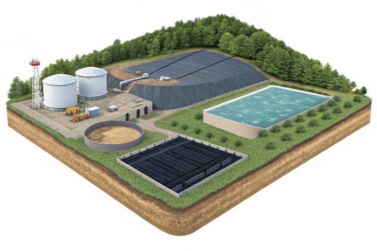 A photo of a massive mining heap leach pad fully lined with black HDPE geomembrane