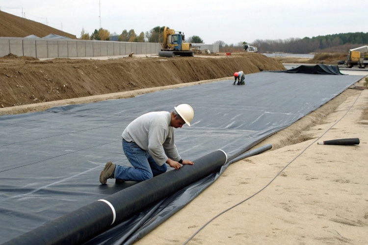 A cross-section diagram showing a protective geotextile layer placed above and below a geomembrane liner on a rough subgrade