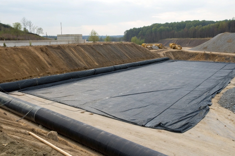 A cross-section diagram showing a buried HDPE geomembrane protected by soil layers vs. one exposed to sunlight