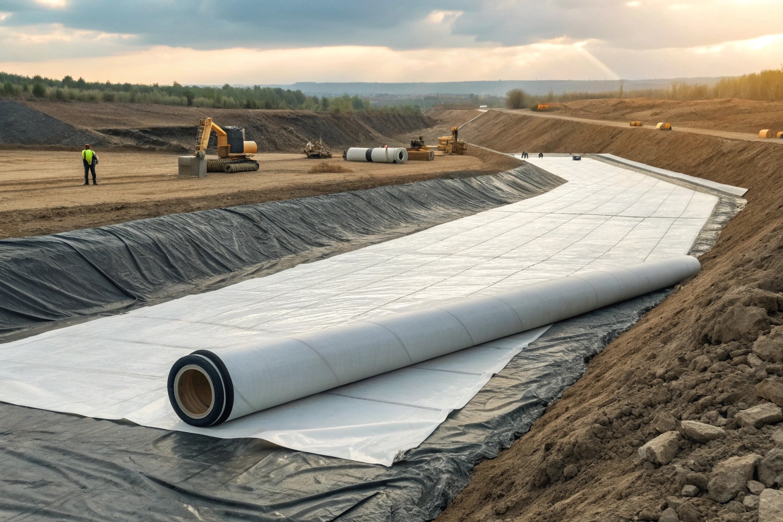 A PVC geomembrane liner being installed in a winding canal, demonstrating its flexibility