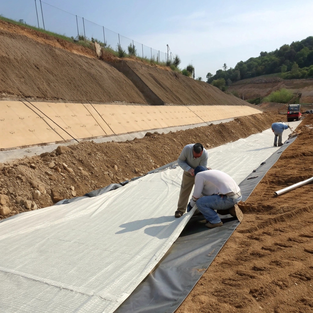 realistic construction scene of a landfill liner s