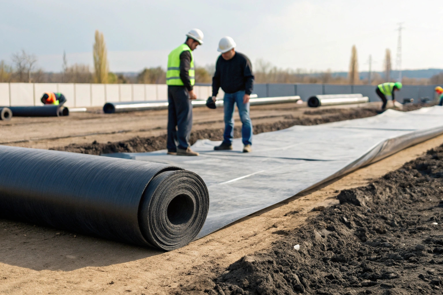 A quality inspector using a micrometer to measure the thickness of an HDPE geomembrane sheet