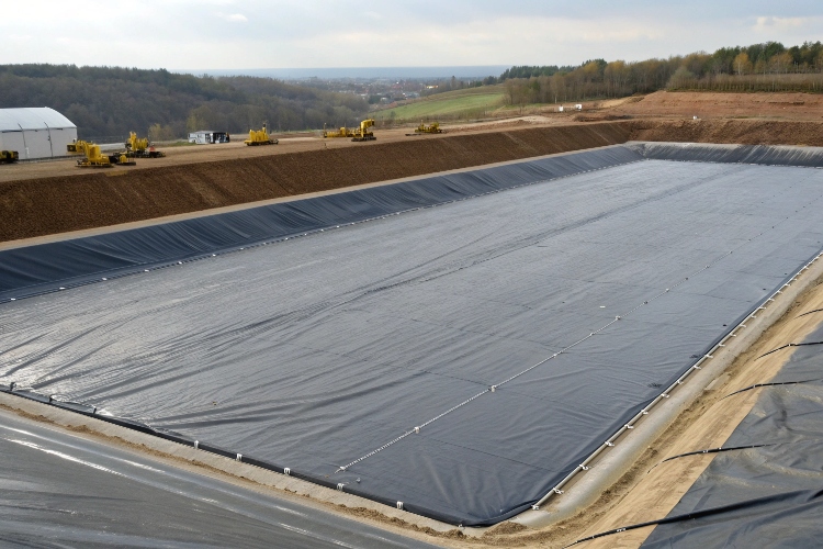 A collage of geomembrane applications: a landfill liner, a large reservoir, a mining heap leach pad, and a canal