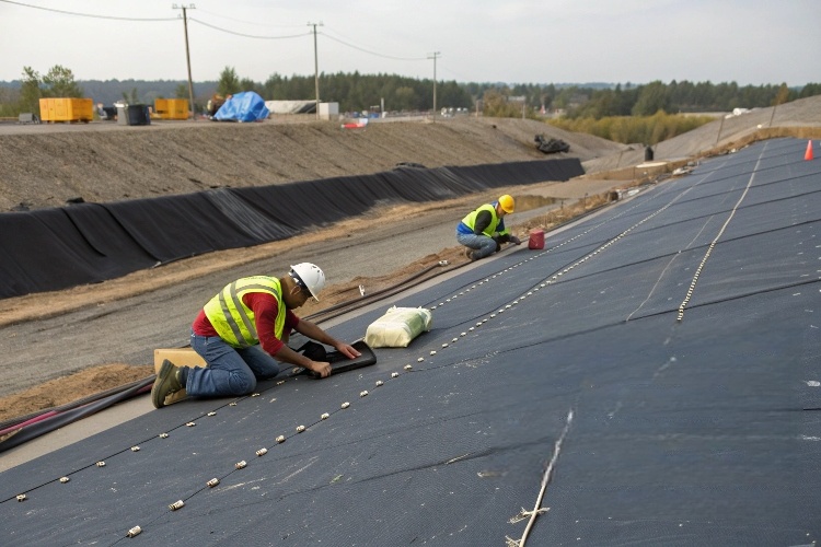 Engineer using a measuring tape and plans to calculate geomembrane quantity
