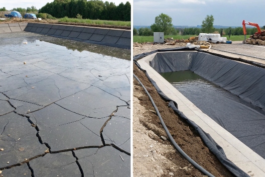 A split image showing a thick, industrial-grade geomembrane roll on a construction site versus a thinner pond liner being installed in a garden