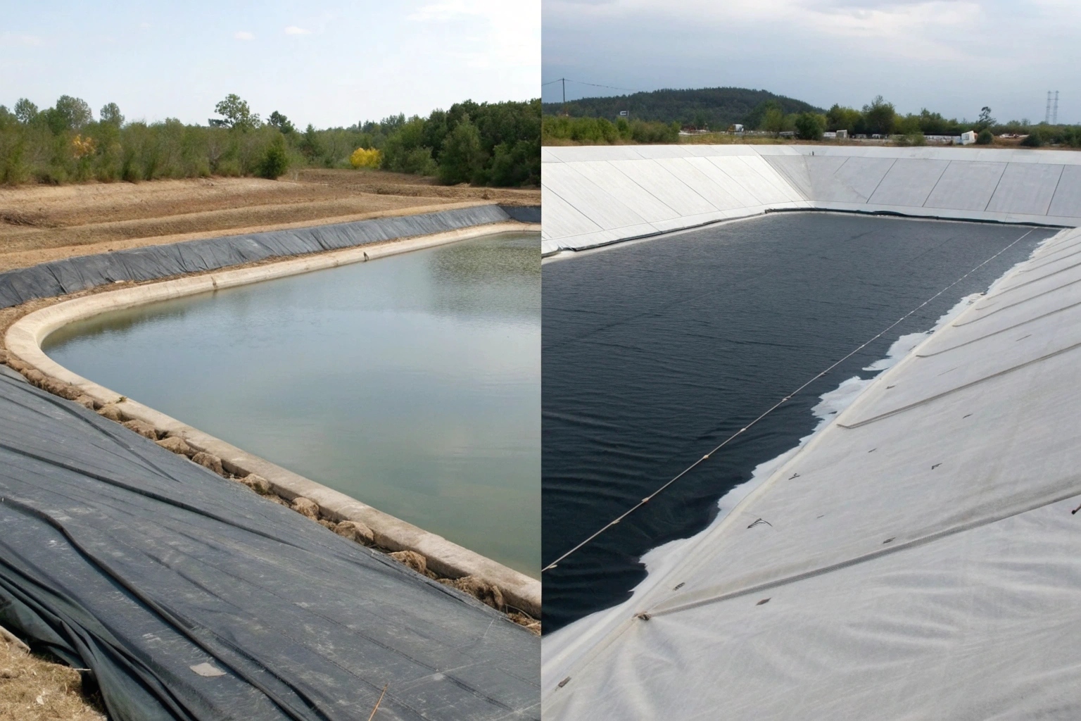 A side-by-side comparison of a heavy-duty geomembrane roll and a flexible pond liner sheet
