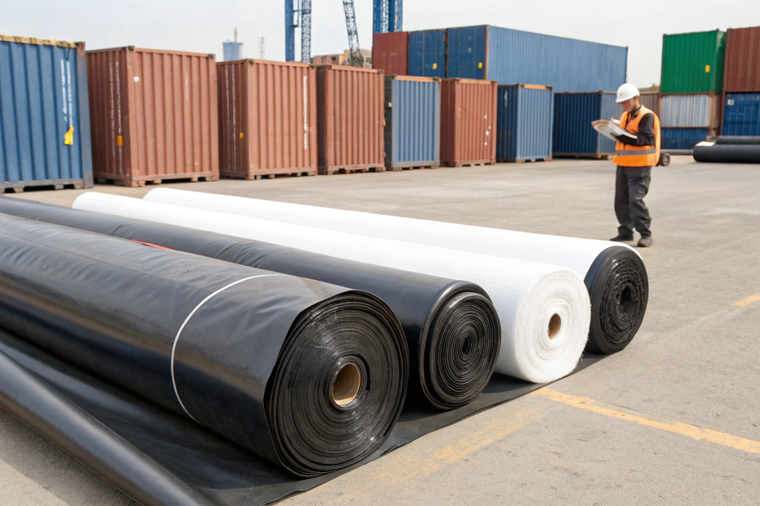 A customs officer inspecting a commercial invoice with an HS code highlighted, with rolls of geomembrane in the background