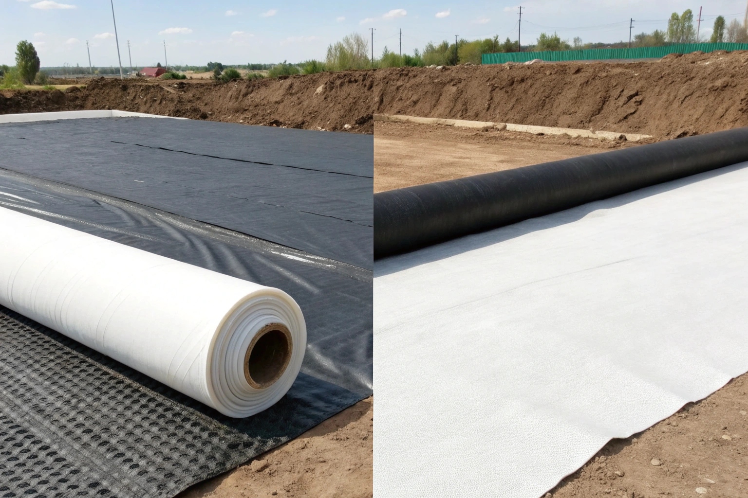 A close-up view comparing the solid, smooth surface of a geomembrane to the textured, fibrous structure of a geotextile