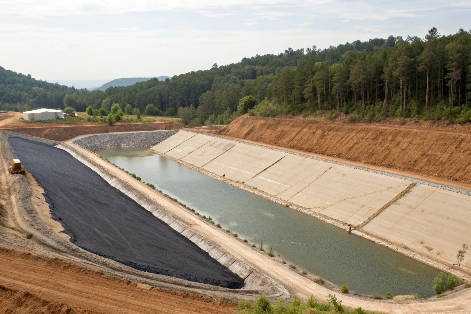 A large-scale geomembrane reservoir under construction, showcasing the efficiency of the installation