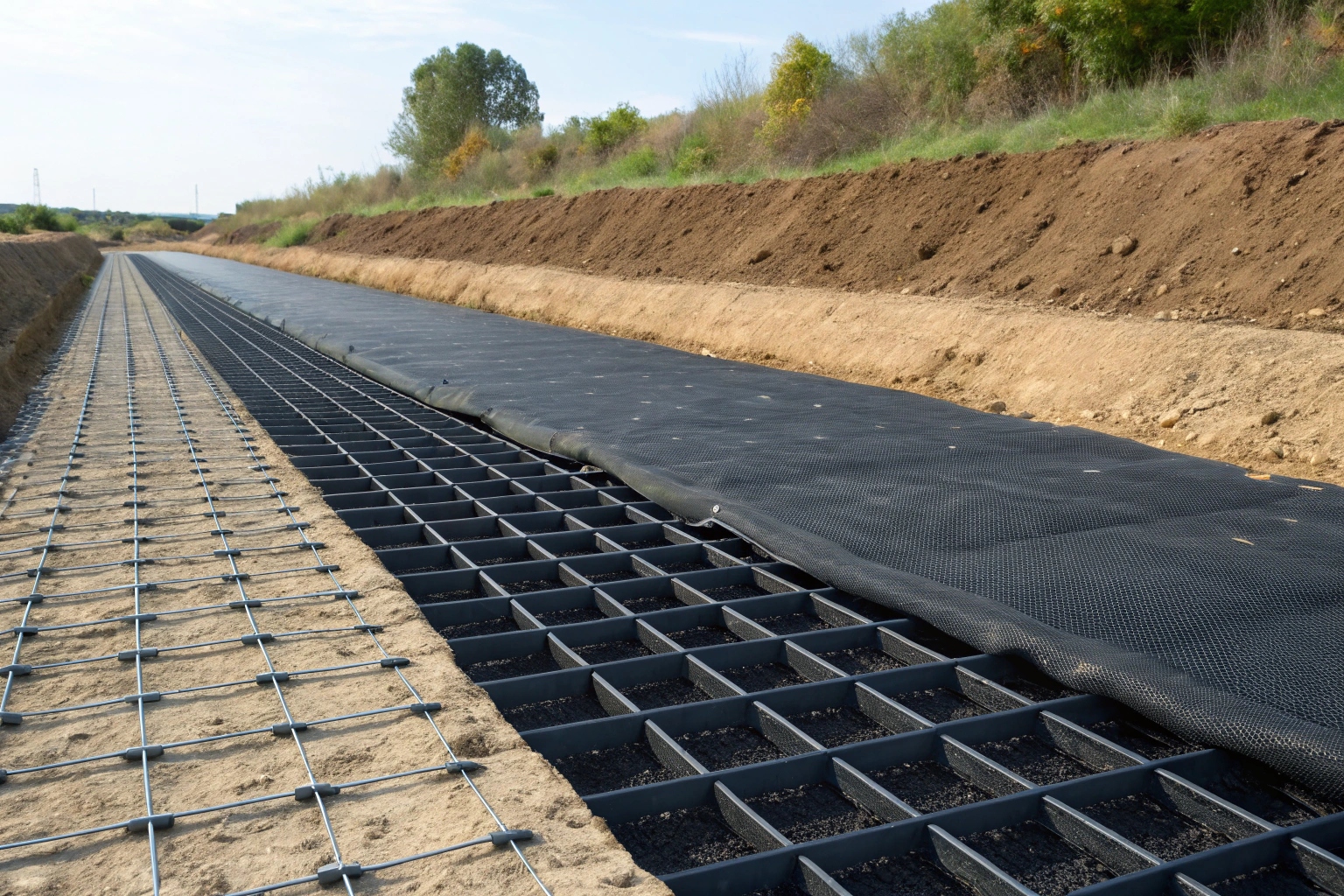 Close-up comparison of black geomembrane sheet and a black geogrid mesh