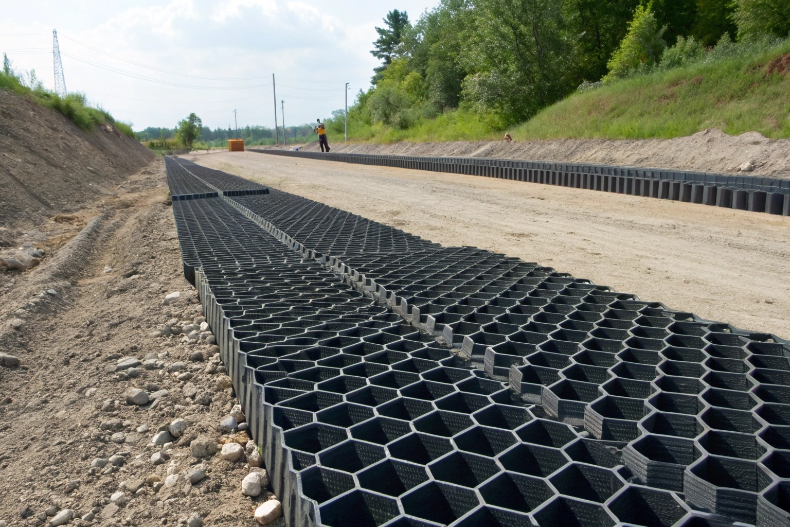 A cross-section diagram showing how geocells confine soil versus how geogrids reinforce it through interlock