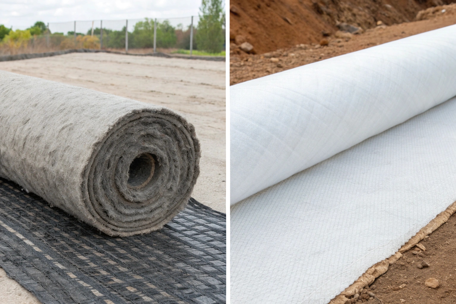 A split image showing a continuous filament geotextile resisting stretching, while water easily flows through a thick staple fiber geotextile