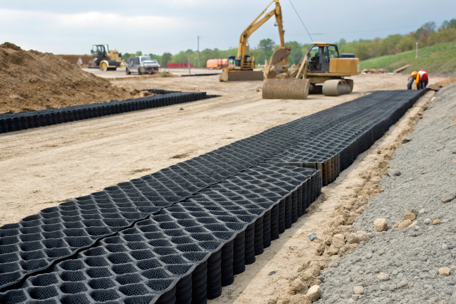 A split-screen image showing a crew quickly unrolling a geogrid versus a crew filling geocell panels with aggregate