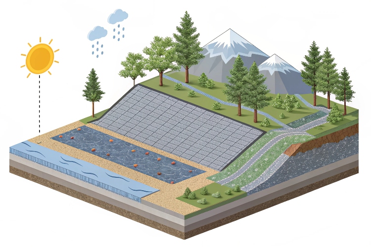 Geomembrane liner installed on a steep slope at a high-altitude location