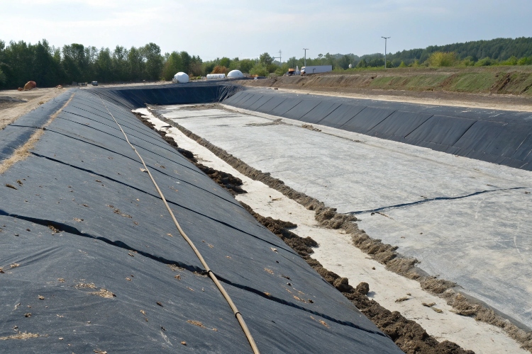 An infographic showing icons for UV rays, high temperature, and poor welding, all pointing to a degrading geomembrane