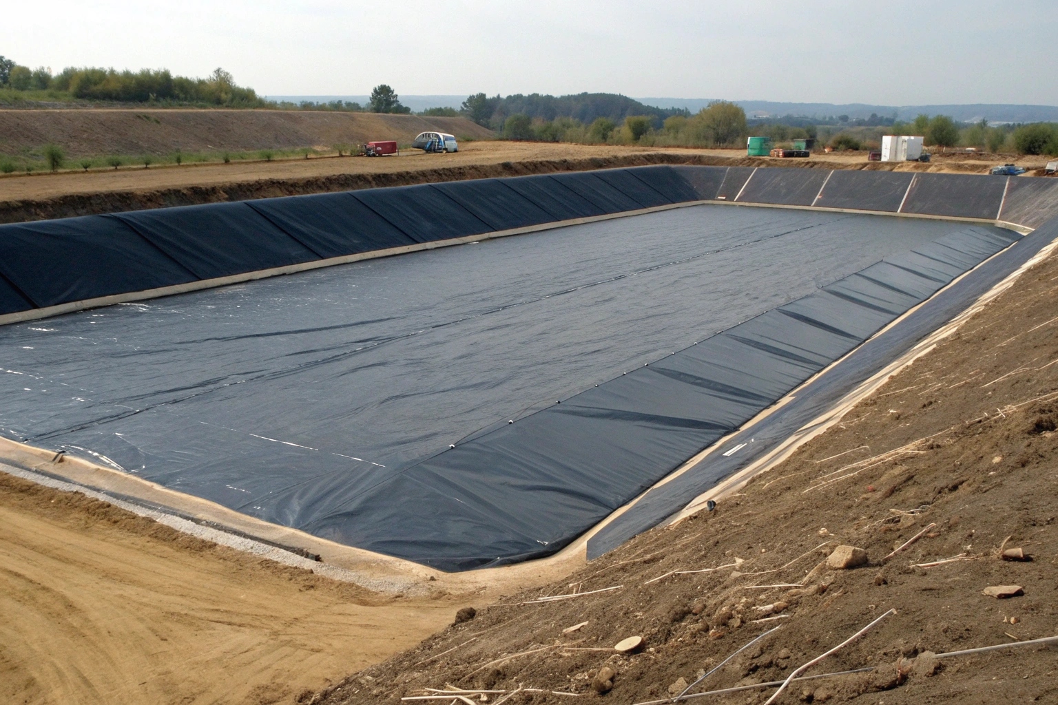 A close-up view of different geomembrane liner materials like HDPE, LLDPE, and PVC