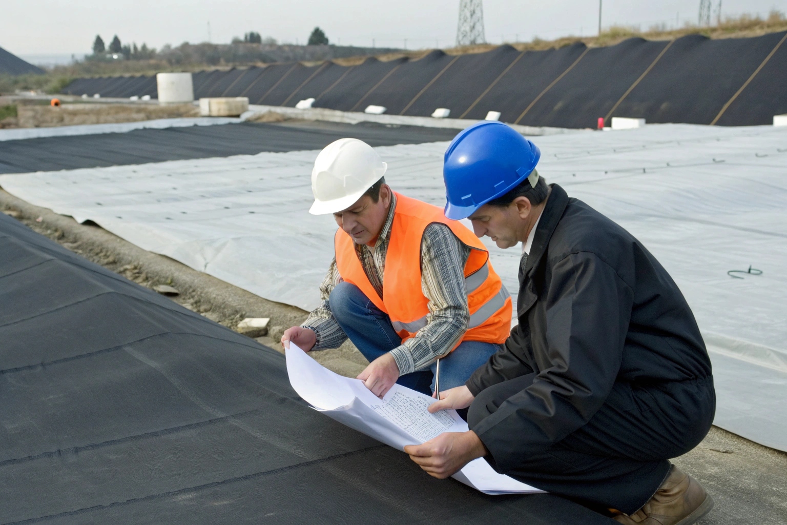 An engineer on-site evaluating soil conditions and project plans before selecting a geomembrane