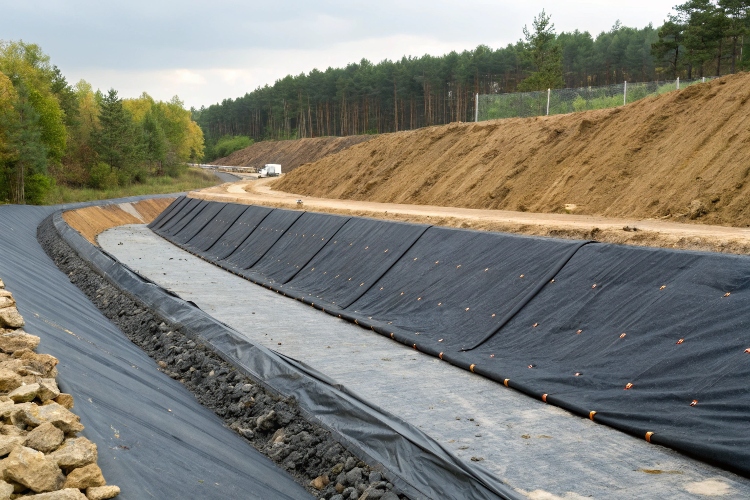 A split image showing water being blocked by a geomembrane on one side, and water passing through a geotextile that is filtering soil on the other