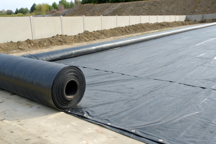 A cross-section diagram showing a geomembrane liner separating waste from the underlying soil and groundwater