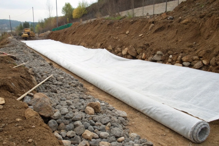 Engineer holding a sample of geotextile fabric on a construction site