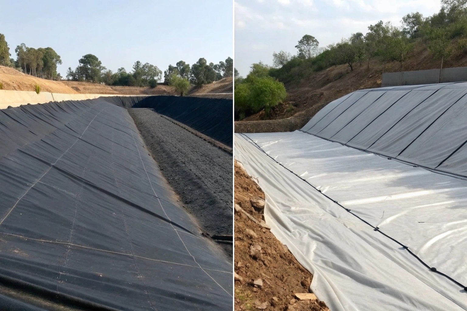 A side-by-side comparison showing a flexible PVC sheet draped over an object vs. a more rigid HDPE sheet
