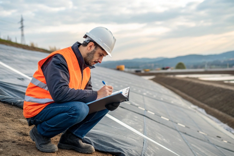 Technician inspecting a geomembrane seam in the field