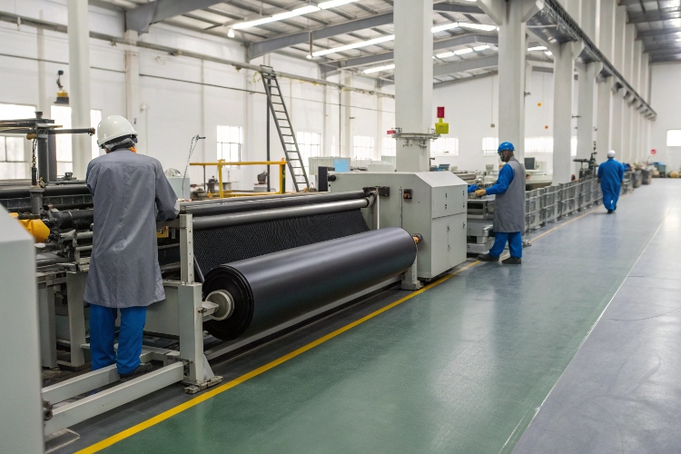 Modern geomembrane extrusion line in a factory setting