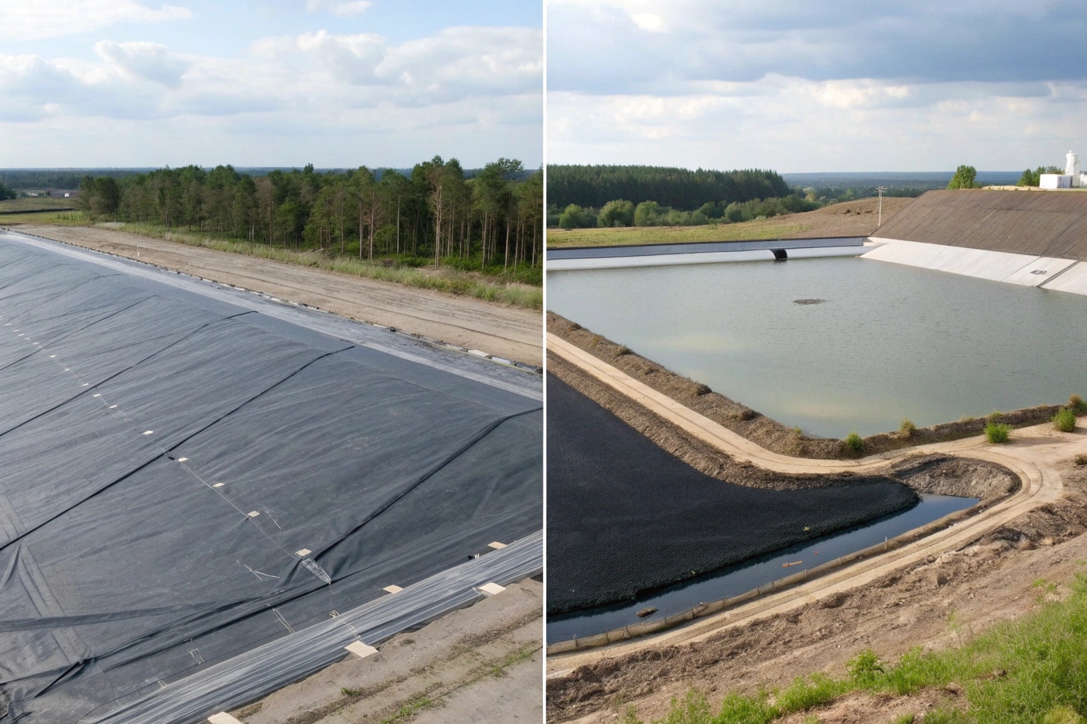 An aerial view of a large landfill cell lined with black HDPE geomembrane