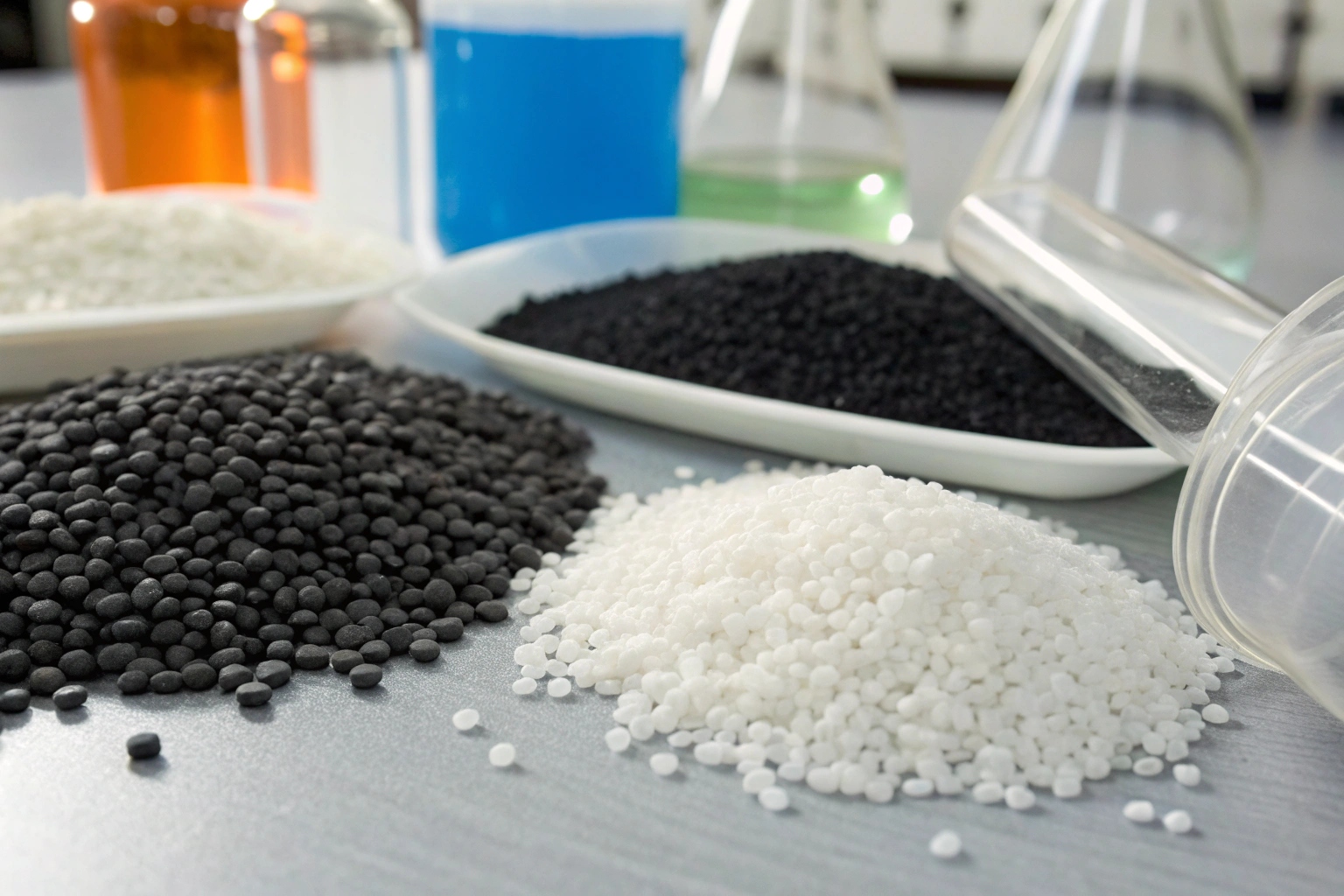 Close-up of different polymer resin pellets: HDPE, LLDPE, PVC, and the carbon black masterbatch