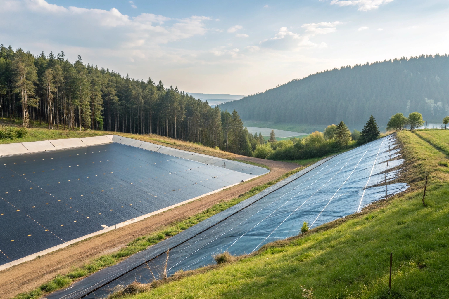 A timeline graphic comparing the long service life of geomembrane to the short lifespan of tarpaulin