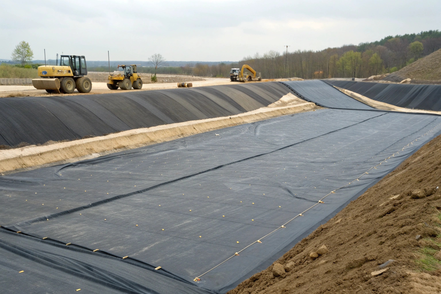 Geotextile protection layer being installed under a geomembrane