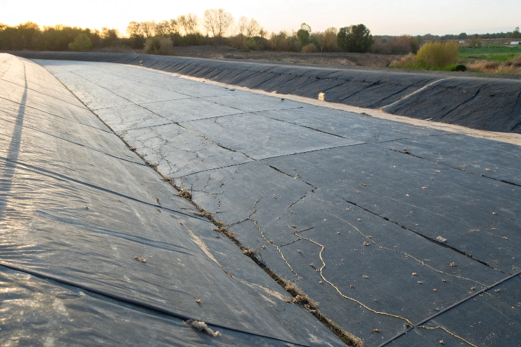 Close-up of a cracked and weathered geomembrane surface