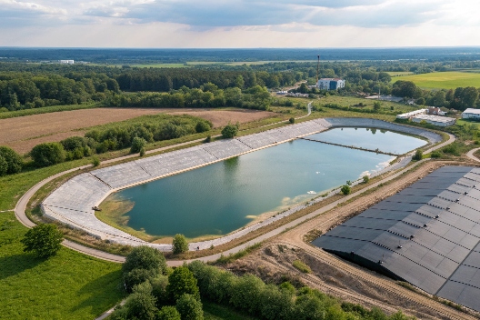 Two distinct scenes: A family enjoying a small backyard koi pond and a large, industrial wastewater treatment facility