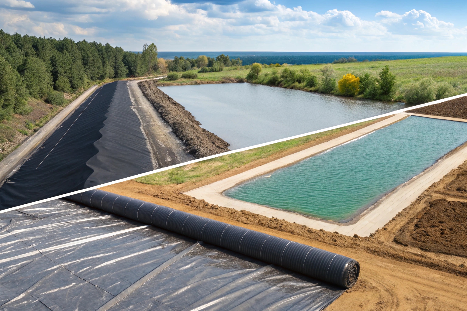 A split image showing a landfill liner (geomembrane) and road construction with a fabric separator (geotextile)