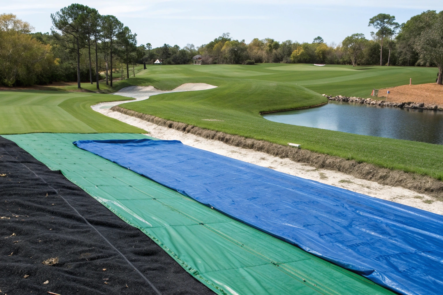 Blue geomembrane used in an aquaculture pond