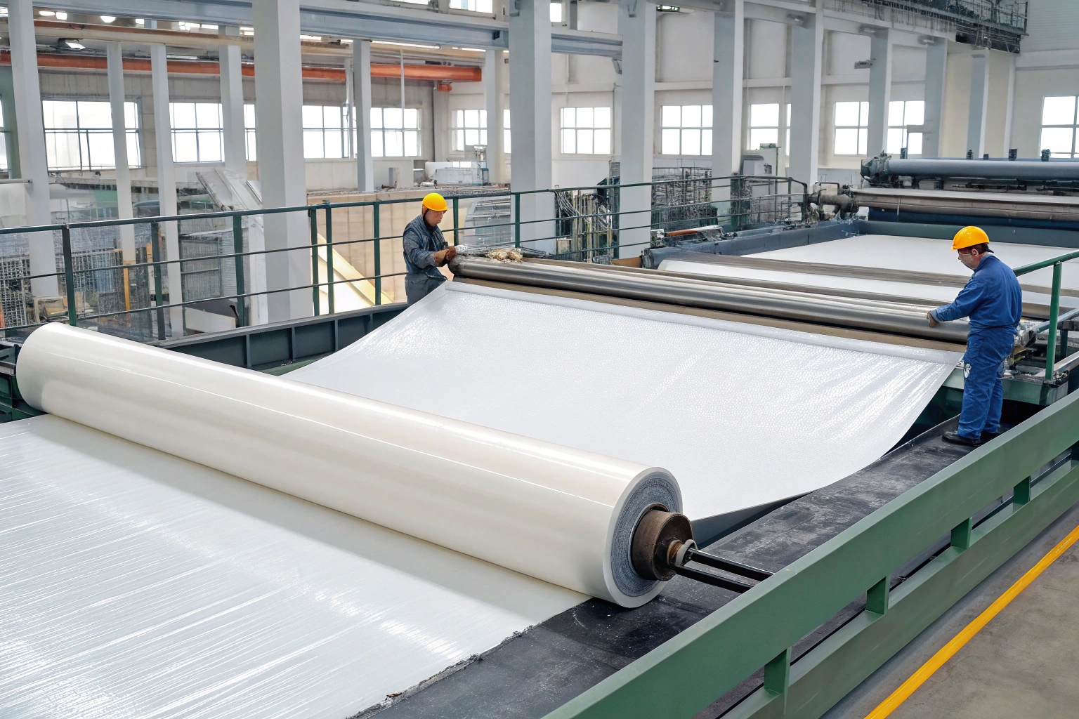 A geomembrane production line showing molten polymer being extruded into a film