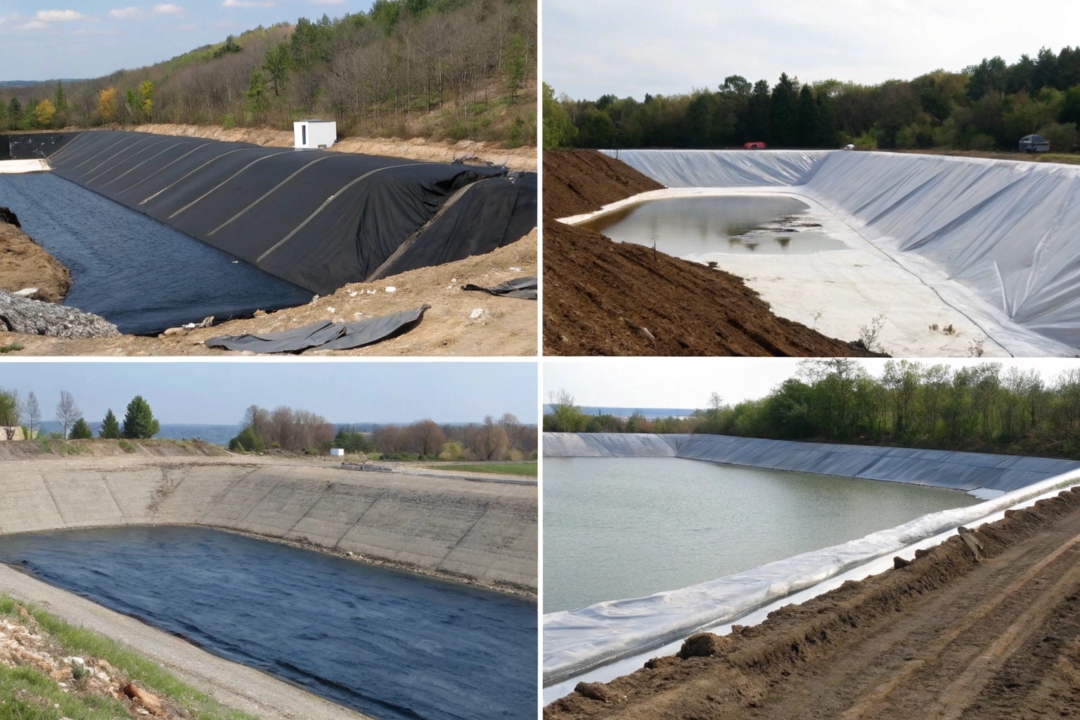 Four images showing different applications: a landfill (HDPE), a reservoir on a hill (LLDPE), a garden pond (PVC), and a fish farm (EVA)