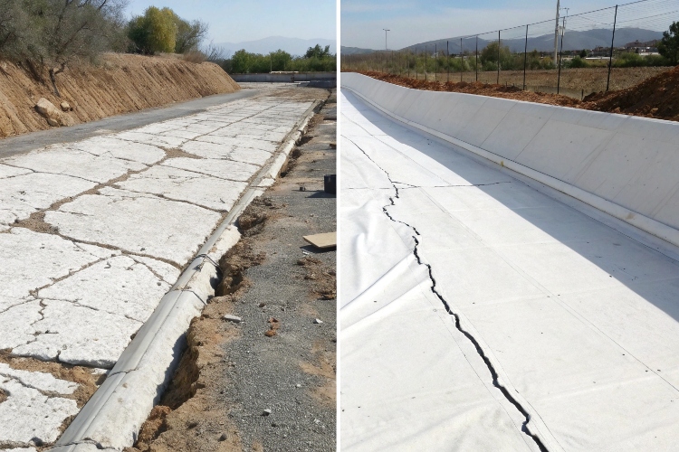 A lab test photo showing a strip of HDPE unaffected by a chemical bath, next to a strip of PVC that is discolored and swollen