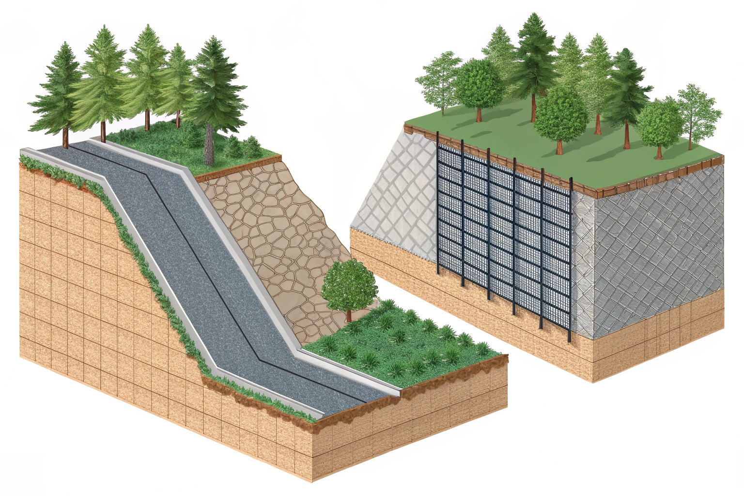 Application examples: Uniaxial geogrid in a retaining wall, Biaxial geogrid under a road base