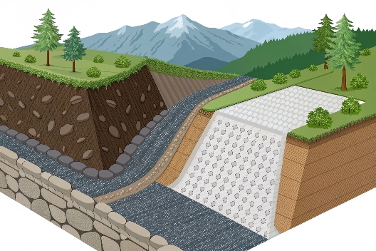 A diagram showing three applications: a road base (woven), a French drain (non-woven), and a retaining wall (woven)
