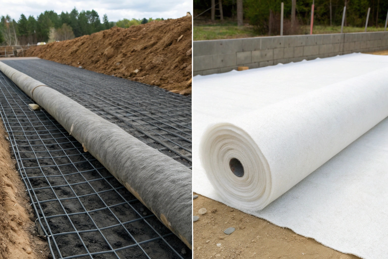 A diagram showing a road base reinforced with continuous filament and a drain lined with staple fiber geotextile
