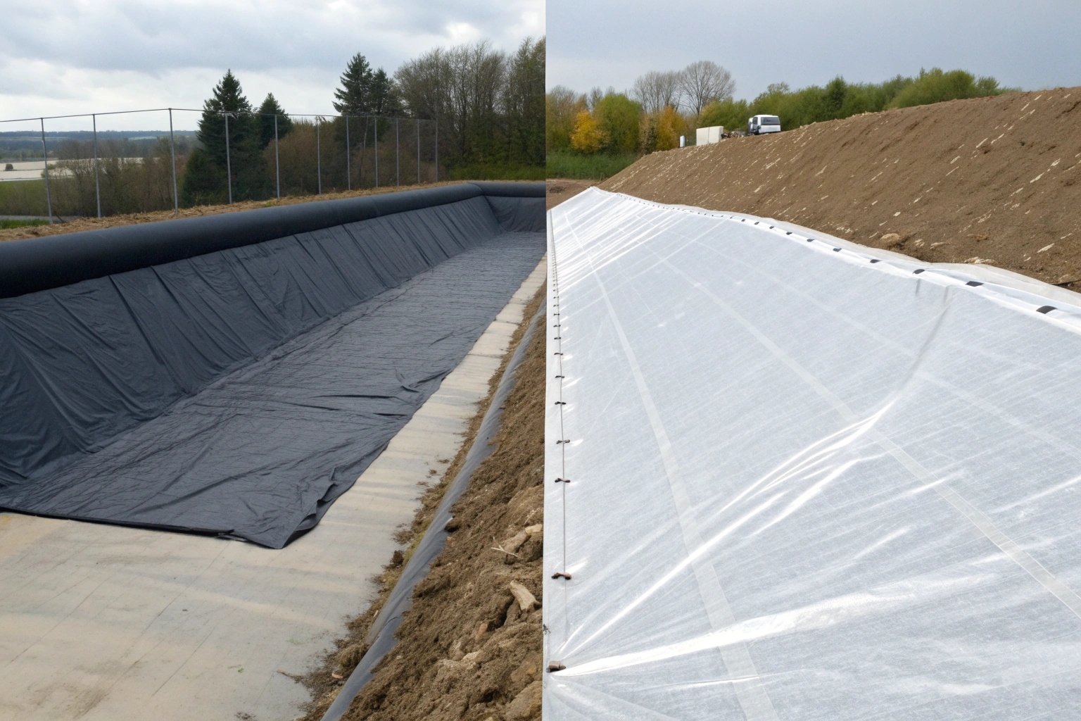 A photo showing two material samples, one a thick geomembrane and the other a thin tarpaulin with grommets