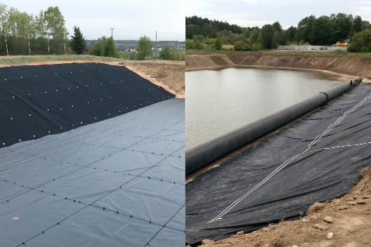 A diagram showing 'Geomembrane' as a large circle and 'Pond Liner' as a smaller circle within it, indicating it's a subset