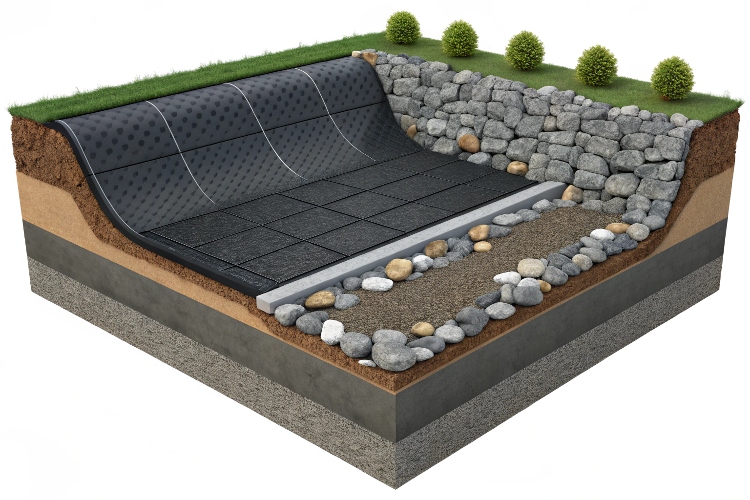 A close-up image showing a thick nonwoven geotextile absorbing the pressure from a sharp stone, preventing it from puncturing a geomembrane liner