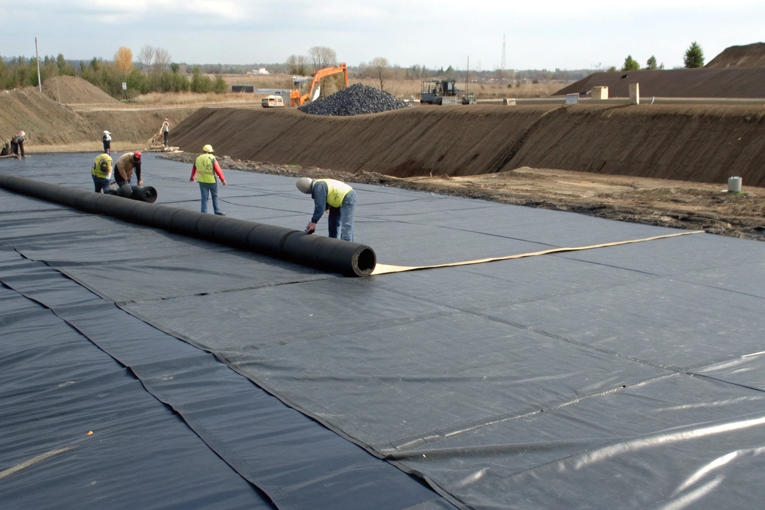An aerial view of a large reservoir successfully lined with geomembrane, highlighting its effectiveness