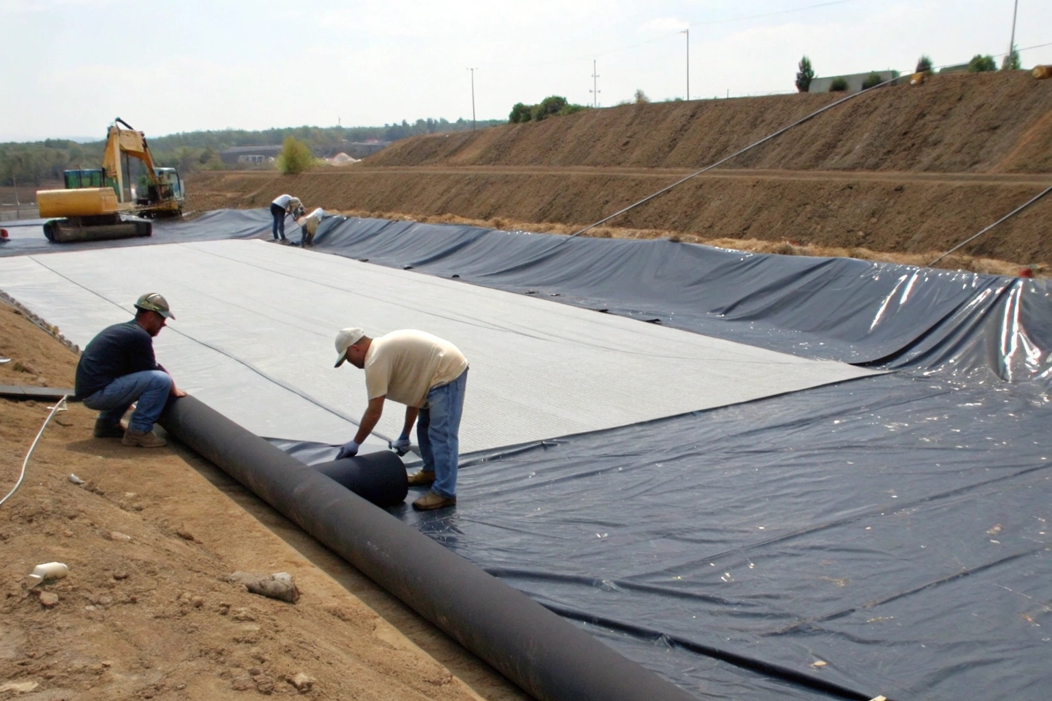 An operator using a hot-wedge welding machine to create a strong seam between two geomembrane sheets