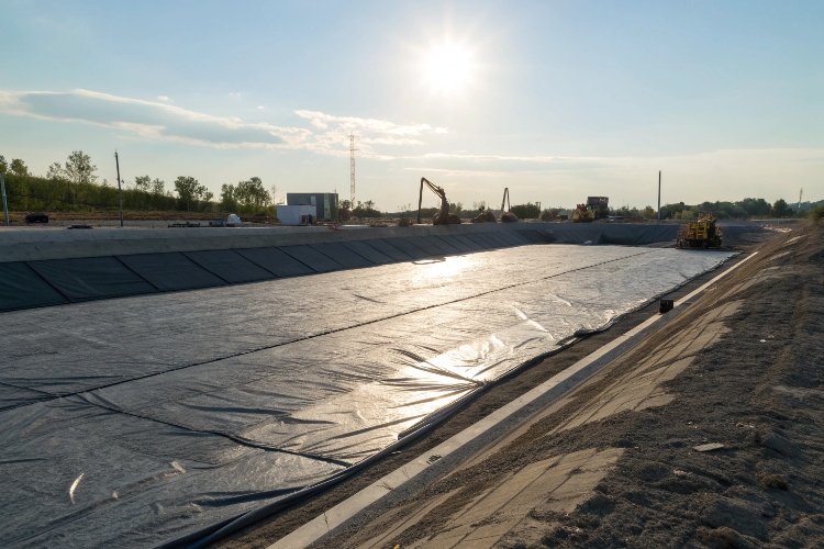 Exposed black HDPE geomembrane liner in a reservoir under bright sun