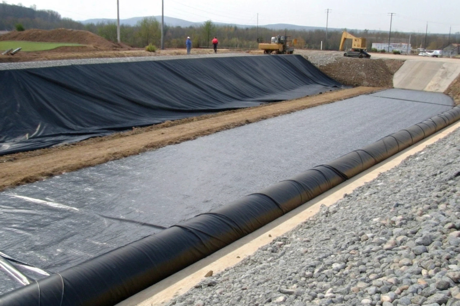 A large black HDPE geomembrane liner being installed in a containment pond