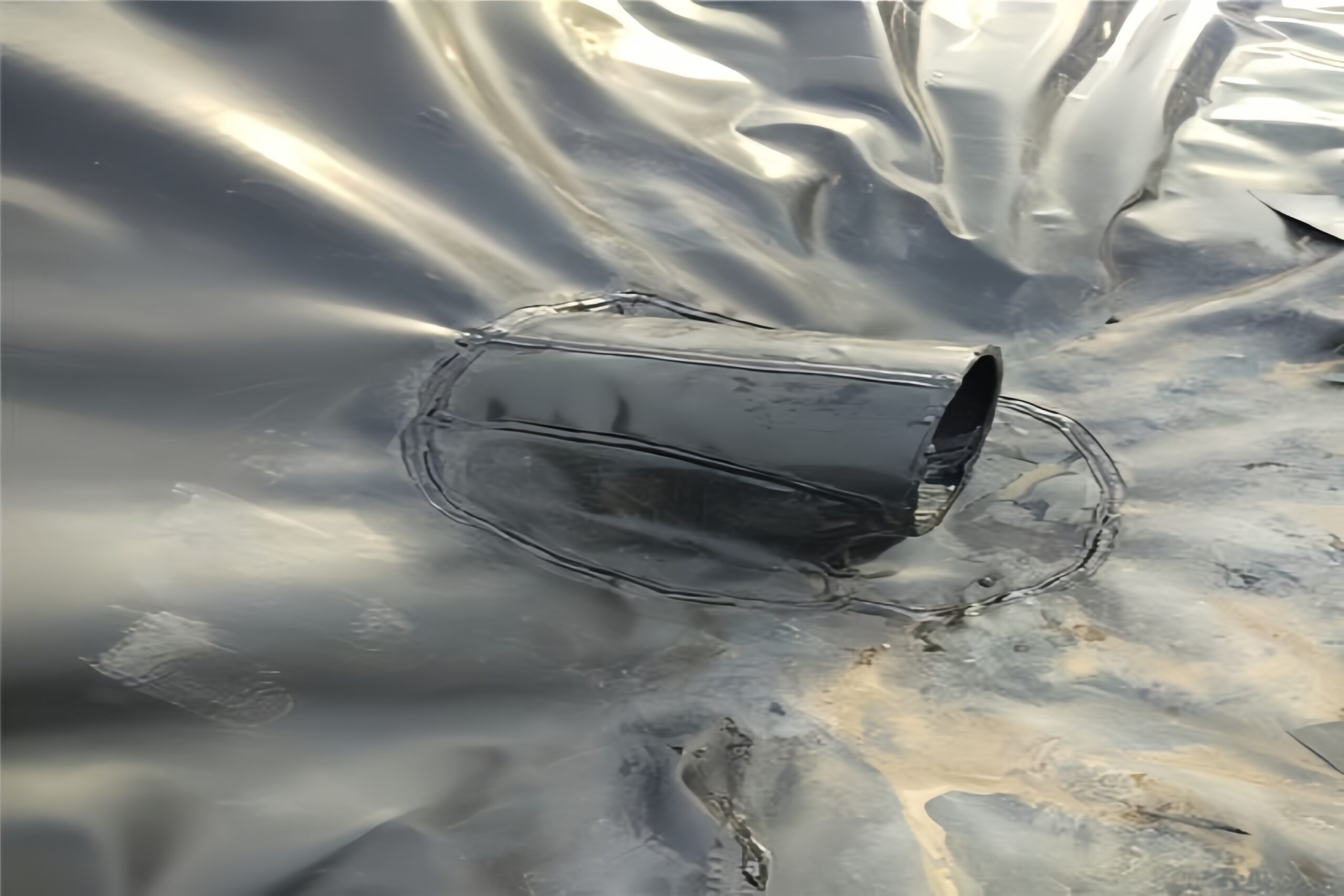 A perfectly welded HDPE pipe boot connection showing the main geomembrane, the boot flange, and the extrusion weld around the pipe