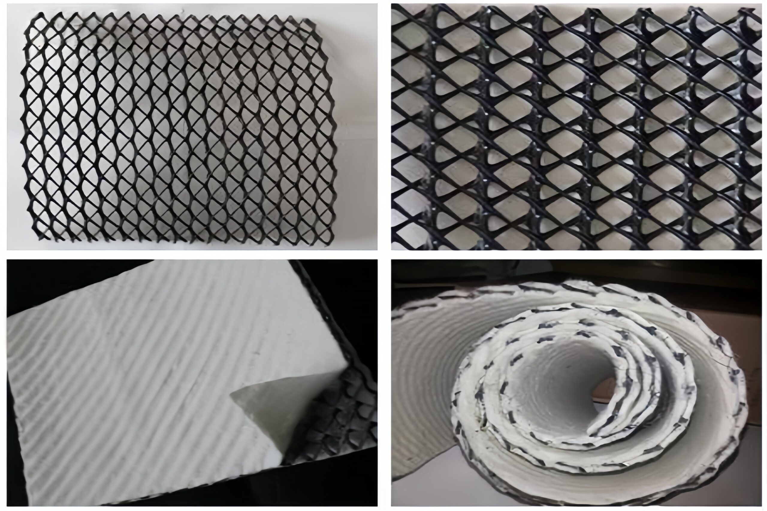 Close-up of a drainage geocomposite showing the geonet core and bonded geotextile filter